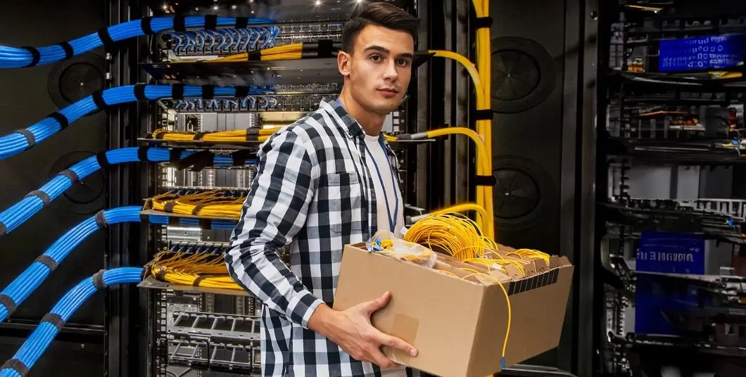 A young man in a plaid shirt holds a cardboard box filled with yellow network cables. He is standing in a server room with large, open server racks behind him containing blue and yellow cables, fiber connectivity, and various networking equipment.